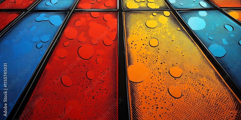 Poster brightly colored panels with bubbles create an abstract design in an artistic installation indoors