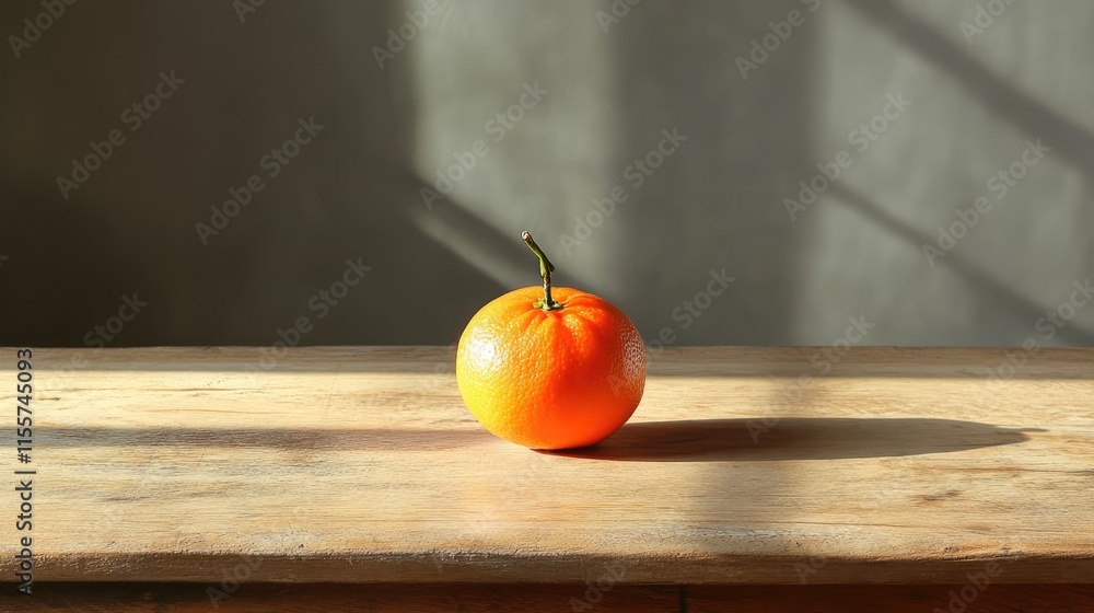 Poster fresh tangerine resting on a rustic wooden table illuminated by soft natural light and casting delic