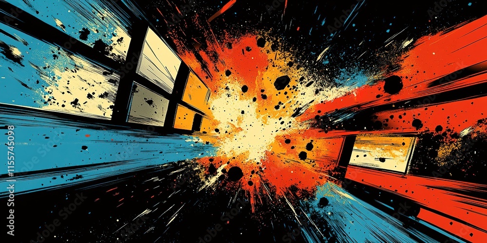 Poster dynamic explosion of colors and shapes showcasing a cosmic burst in a vibrant abstract art style