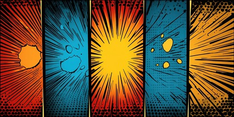 Colorful comic book style explosion effects with vibrant backgrounds and dynamic action visuals