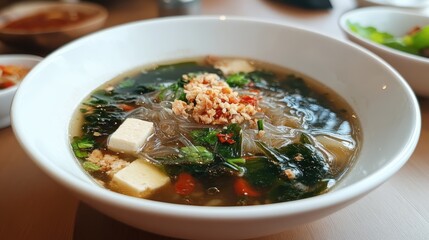 Thai clear seaweed soup with glass noodles minced pork vegetables and egg tofu served in a white bowl traditional dish Gaeng Jued