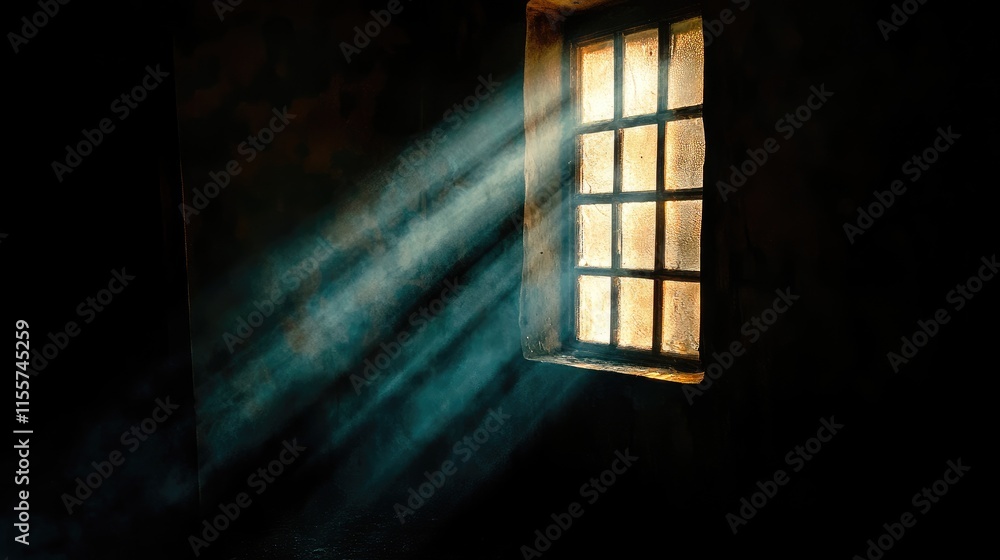 Poster sunlight streaming through a window illuminating a dark room creating an atmosphere of mystery and t