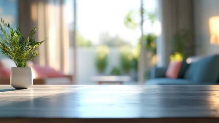 Fototapeta premium Cozy Living Room with Tabletop Focus and Blurred Background Environment