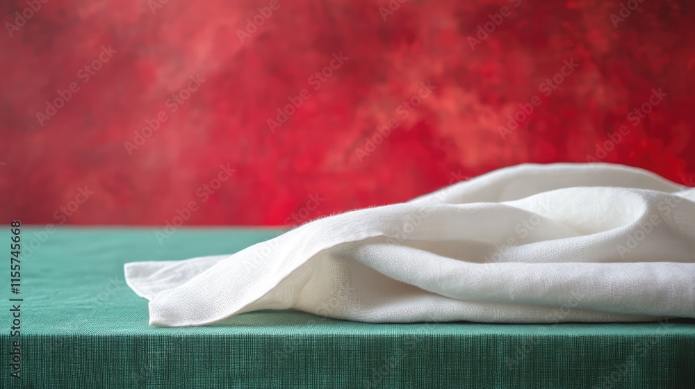 Poster elegant white tablecloth draped on green surface with soft red backdrop creating a warm and inviting
