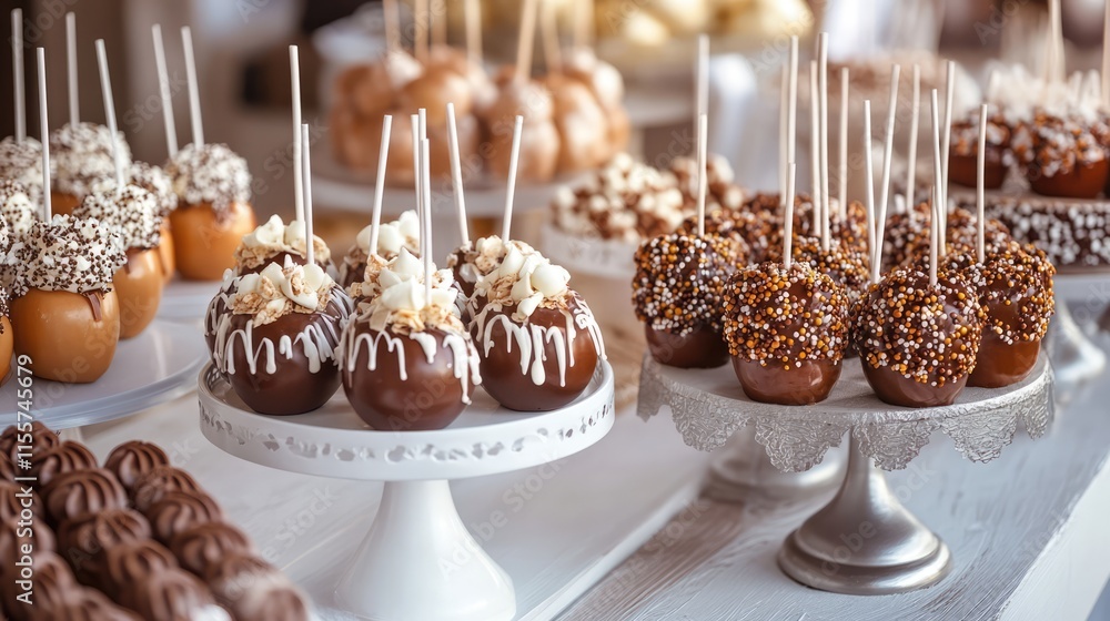 Poster elegant display of decorated candy apples at a festive party table featuring various toppings and tr