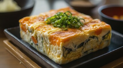 Japanese Tamagoyaki omelette dish with layers of egg and vegetables garnished with green onions served on a black rectangular plate.