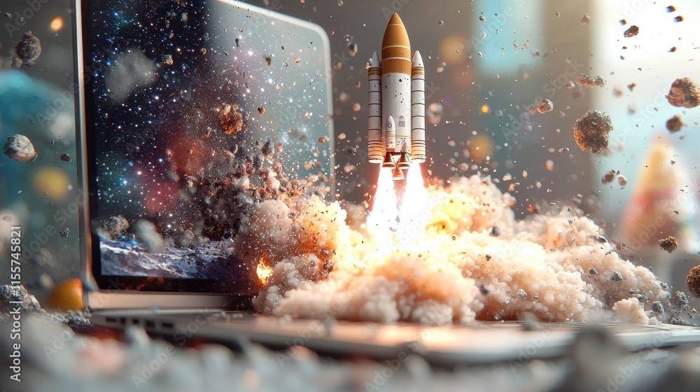 Poster rocket launching from laptop screen in a cloudy environment futuristic concept technology close-up v