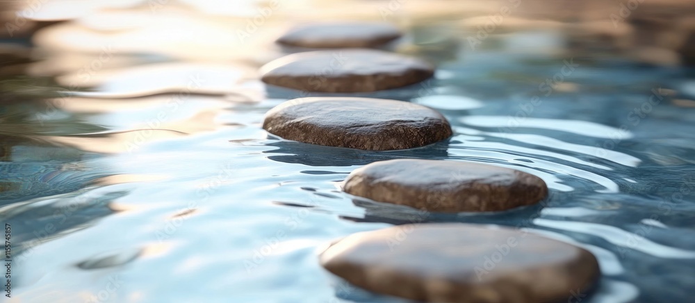 Poster smooth stones in tranquil water creating a serene natural texture with gentle ripples and reflection