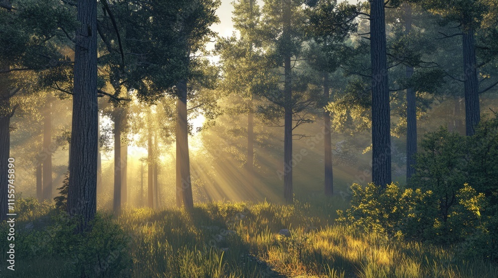 Poster golden light filtering through tall pines in a serene nature preserve during the evening creating a 