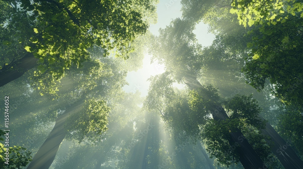 Poster majestic tall trees with lush green leaves under sunlight creating a serene forest atmosphere from a