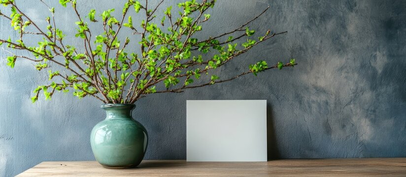 Elegant home decor mood board featuring greenery in a vase and a blank card for interior design inspiration and artistic expression.