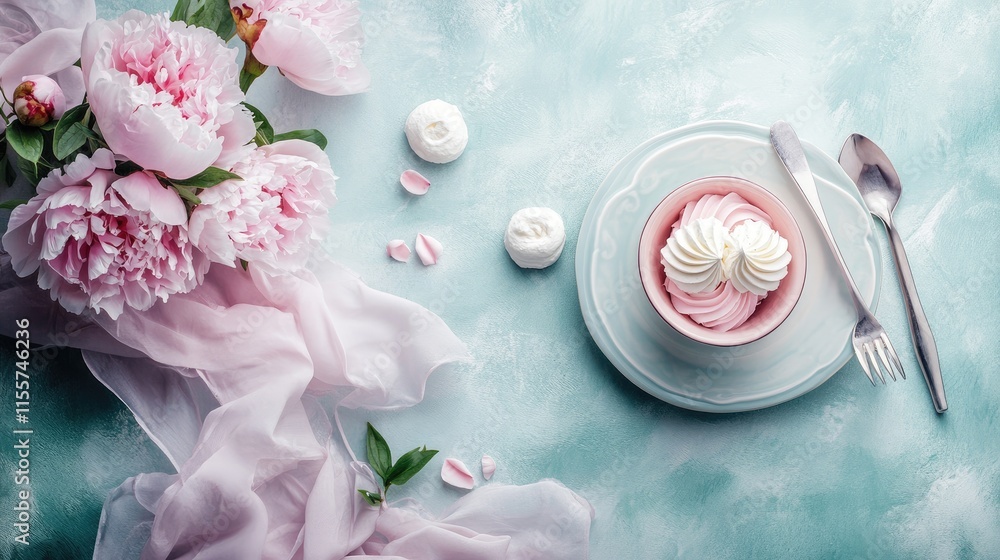 Aufkleber elegant table setting featuring silverware and light pink peonies with meringues on a soft turquoise