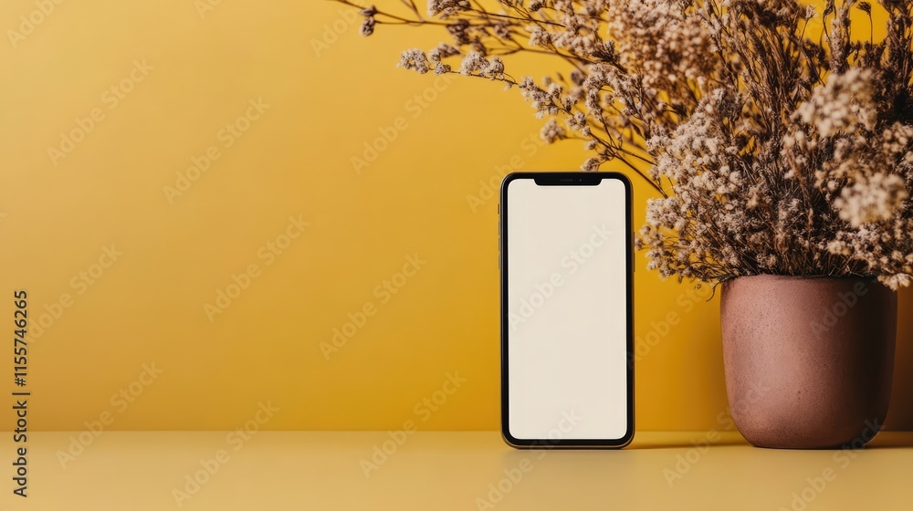 Poster digital phone mockup with rustic decor and empty space for app design on a vibrant yellow background