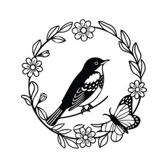 Fototapeta premium A Floral bird line art mandala for kids coloring book on white background. 
