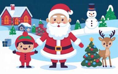  Merry Christmas card with Santa Claus, kids, tree, and deer in snow