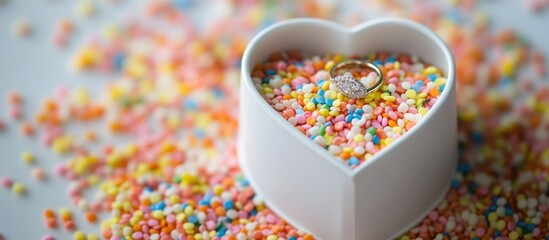 Sprinkled sugar dots in heart shape with engagement ring in a decorative ring box for wedding celebration and romantic themes