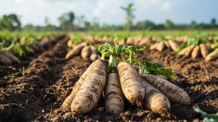 Fototapeta premium Tapioca roots harvested in agricultural field showcasing cassava cultivation under clear sky with lush greenery in the background