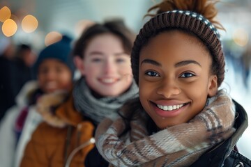 Joyful friends smiling together outdoors, enjoying a winter day with warm scarves and a cheerful atmosphere.