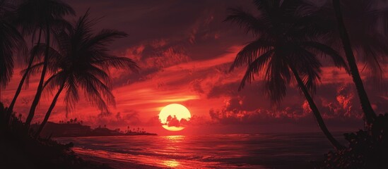 Obraz premium dramatic sunset over the ocean with silhouetted palm trees against a vibrant sky creating a tranquil tropical atmosphere