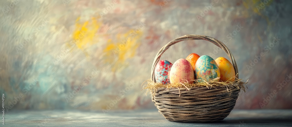 Poster easter eggs in a woven basket on a textured backdrop with ample space for festive messaging and gree