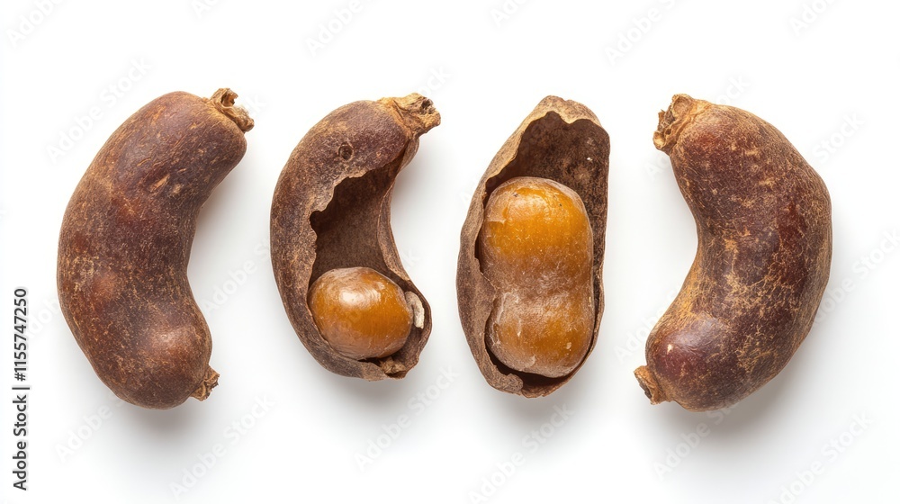 Poster tamarind fruit with pods and seeds displayed on a white background showcasing natural textures and c