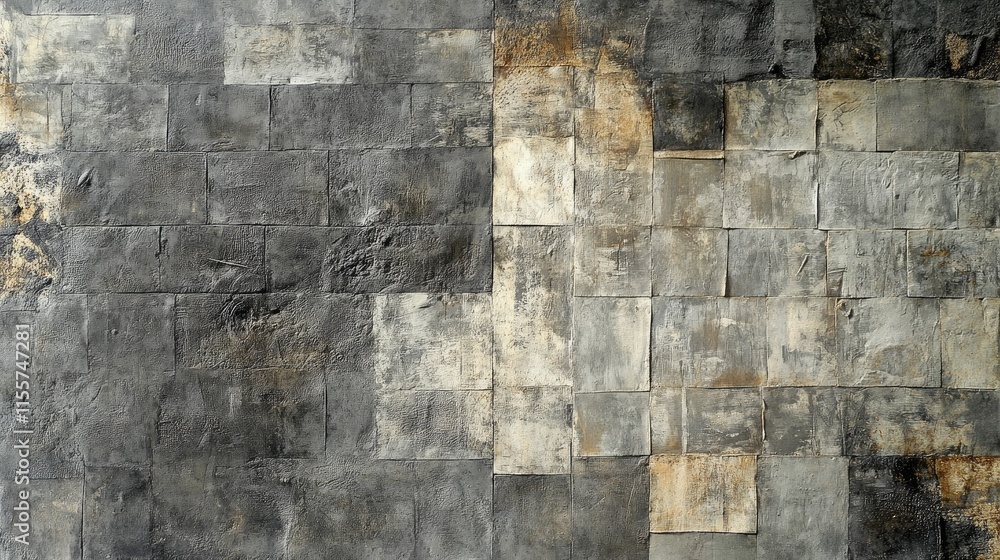 Poster textured grey wall with irregular patches showcasing an abstract tile design ideal for backgrounds o