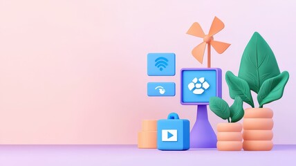 net zero and carbon concept. Colorful digital objects and plants arranged on a pastel background, symbolizing technology and nature integration.