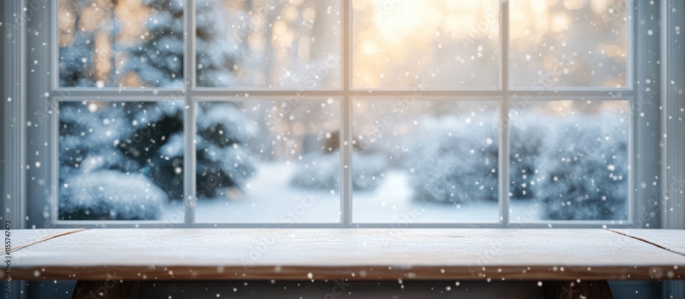 Poster cozy winter scene with a blurred window view and soft-focus table perfect for product displays and i