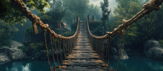 Fototapeta premium Rope bridge crossing a serene river in a lush forest setting surrounded by natureâ€™s tranquility and vibrant greenery