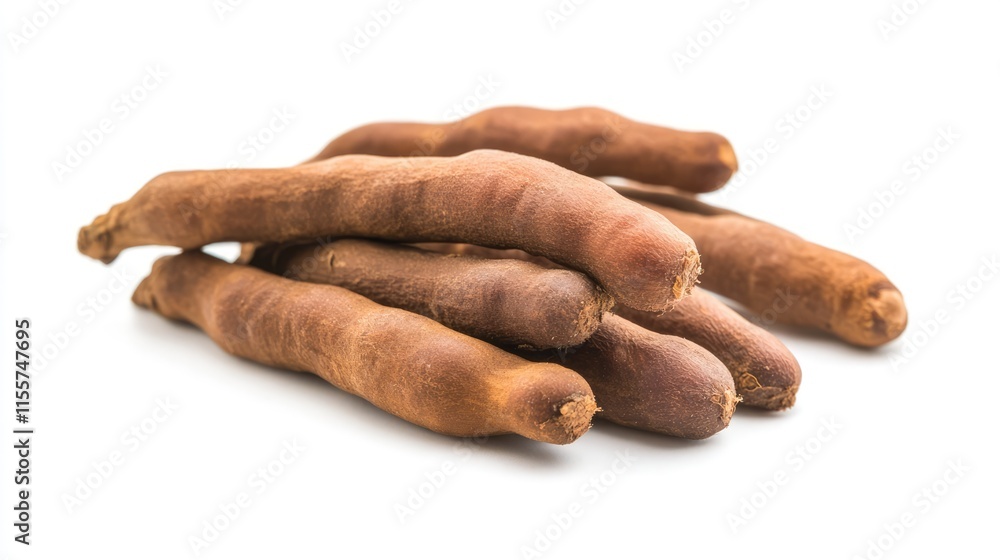 Poster tamarind pods stacked on a white background showcasing their unique shape and texture perfect for cu