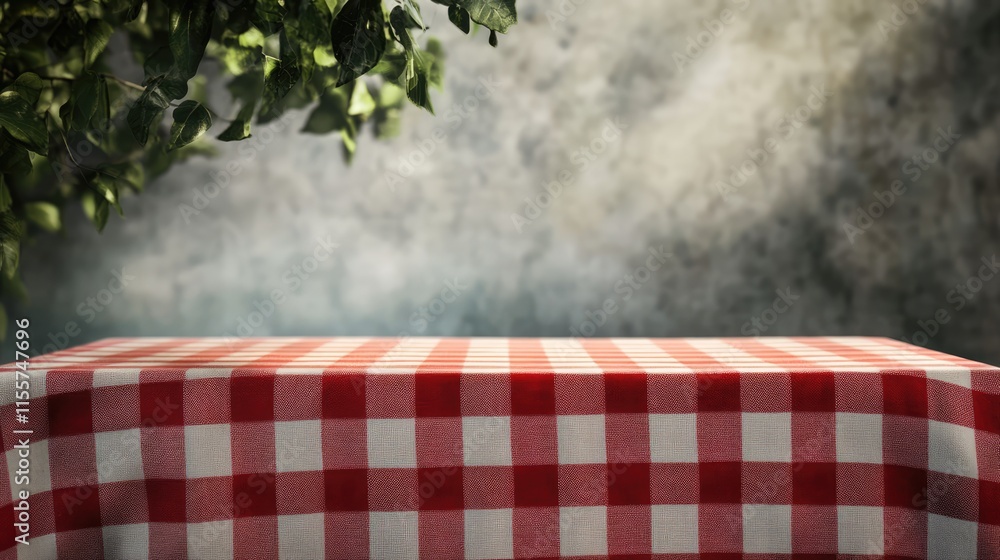 Poster red and white checkered tablecloth on a rustic background with soft lighting and natural elements fo