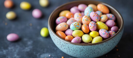 Colorful Easter Candy Eggs in a Decorative Bowl Ideal for Spring Celebrations and Festive Treats on a Wooden Table