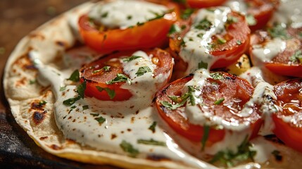 Delicious taco topped with fresh tomato slices and creamy white sauce garnished with herbs on a warm tortilla flatbread.