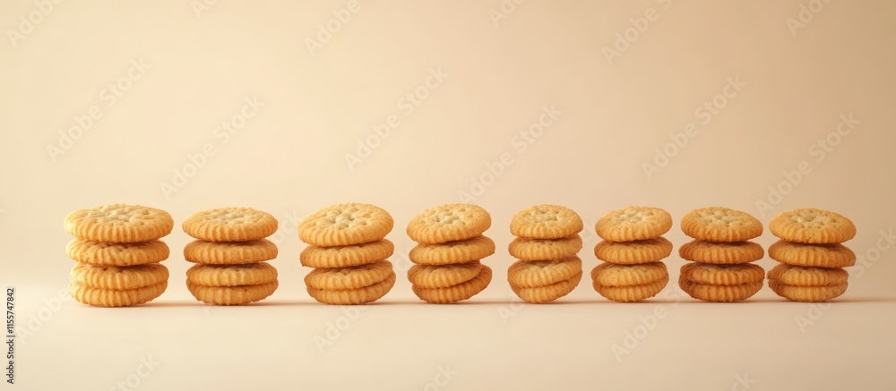 Poster delicious freshly baked cookies neatly stacked in a row on a smooth surface with a minimalistic back