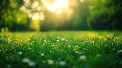Obraz premium Serene natural landscape with sunlit grass and flowers creating a peaceful outdoor atmosphere in a blurred background setting.
