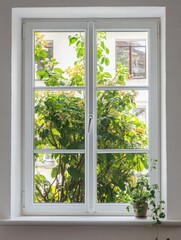 Bright garden view through window showcasing lush greenery and natural light in a serene indoor setting. Generative AI
