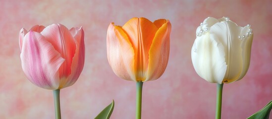 Fototapeta premium Colorful tulips in pink orange and white arranged elegantly against a soft background for a serene floral display