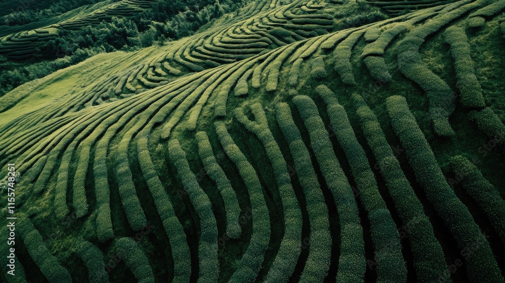 Poster tea plantation fields showcasing lush, undulating greenery and intricate patterns in a scenic landsc