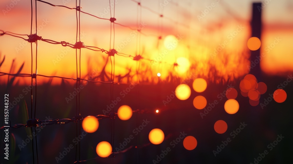 Poster sunset bokeh lighting through fence with warm glowing orbs and vibrant gradient sky creating a seren