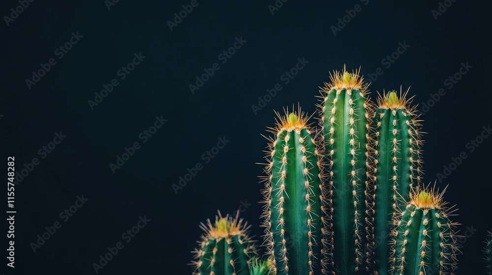 Poster dense cactus with sharp spikes illuminated against a dark background highlighting its unique texture