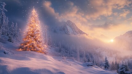 Winter wonderland with a glowing Christmas tree in a serene snow-covered landscape at sunset showcasing nature's beauty and tranquility.