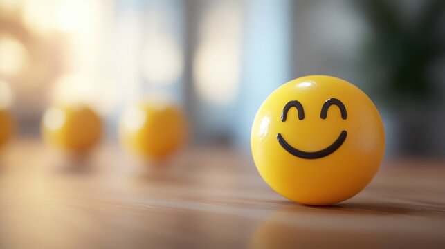 Smiling yellow emoji representing customer satisfaction and positive feedback in a bright and cheerful environment