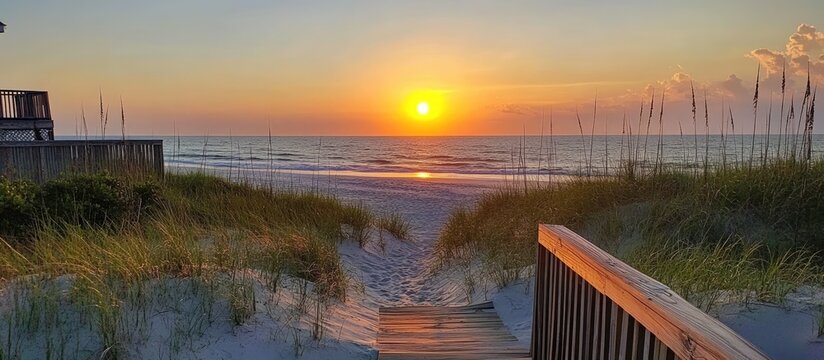 Serene beach pathway leading to a vibrant sunset over the calm ocean waves with grassy sand dunes.