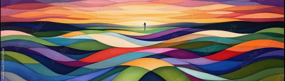 Poster abstract landscape with vibrant waves of color and a distant horizon, showcasing flowing patterns an