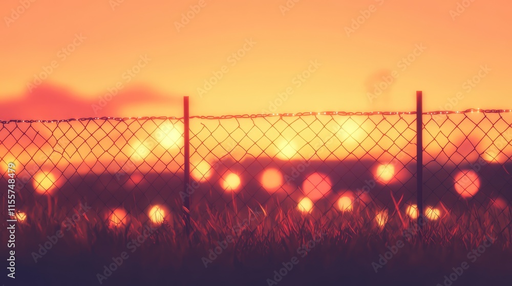 Poster serene sunset with bokeh lights behind a fence creating a warm gradient background of glowing orbs a