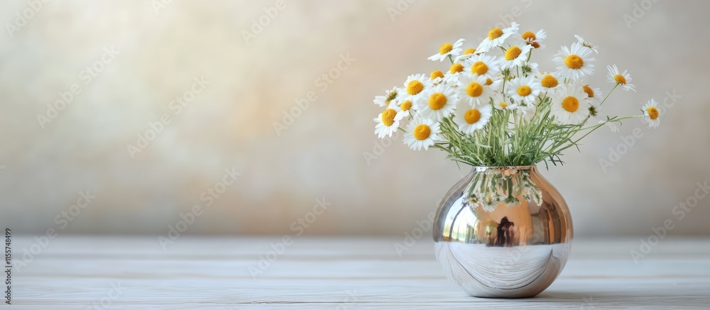 Poster bright chamomile bouquet in a glossy metallic vase on a white wood table with soft light background 