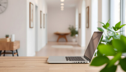 Tabletop with laptop mockup and copy space over blurred minimal home corridor in background, isometry. isolated with white shades