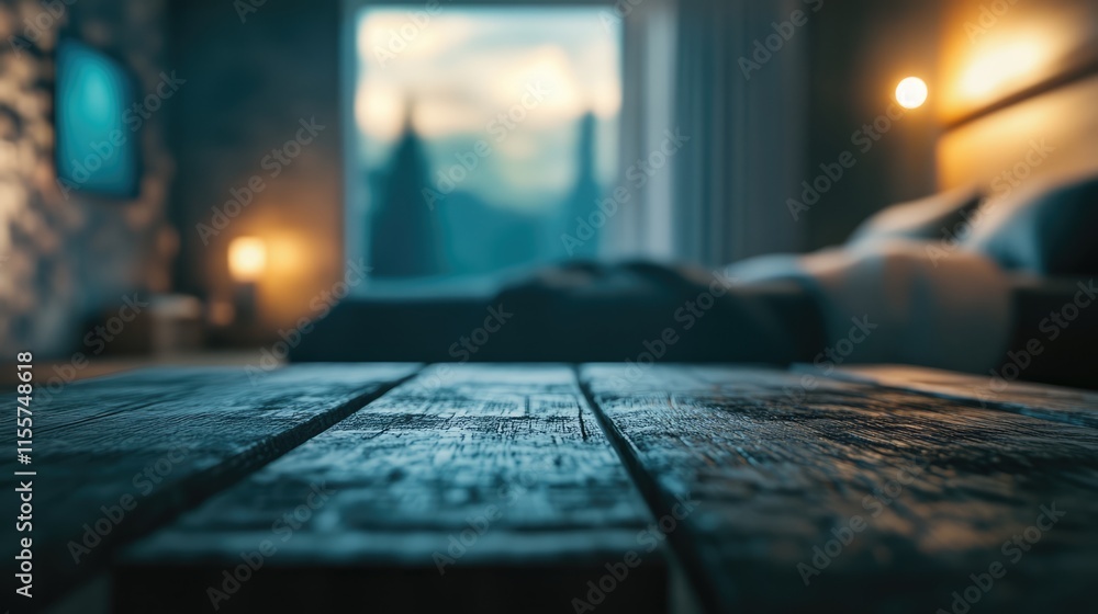 Poster cozy bedroom atmosphere with table top in focus ideal for product display or design visual layout