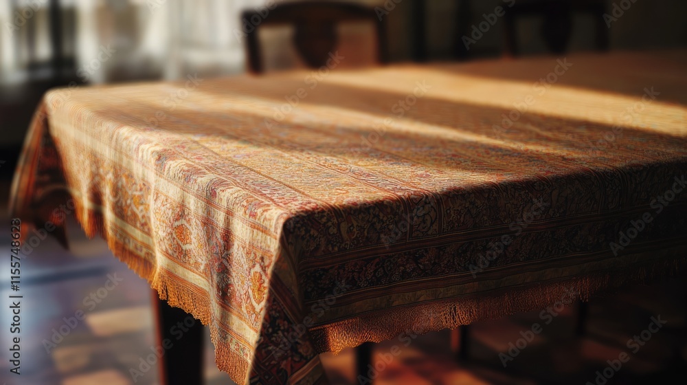 Poster traditional woven tablecloth draped on rustic wooden dining table with soft lighting creating a warm