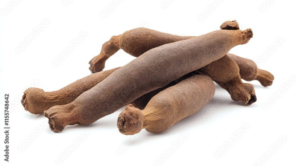 Poster tamarind pods arranged on a bright white background showcasing their unique shape and texture ideal 